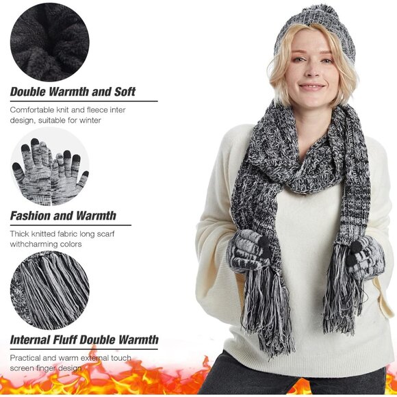Womens Winter Beanie Hat Scarf Gloves Set 3 in 1 Thick Knit Warm Pompom Cap - Picture 4 of 5
